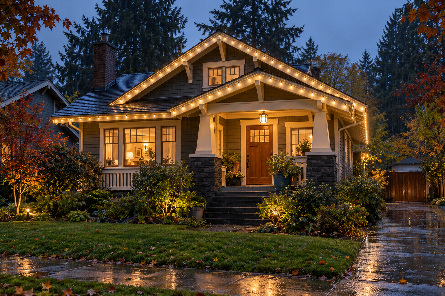 Lighting concept: a Portland-style home with warm white holiday lights outlining its roof and porch at dusk